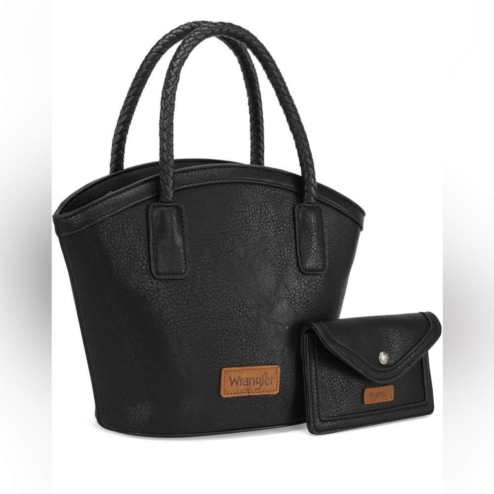 Wrangler leather tote with top handle and attachable strap with small wallet set
